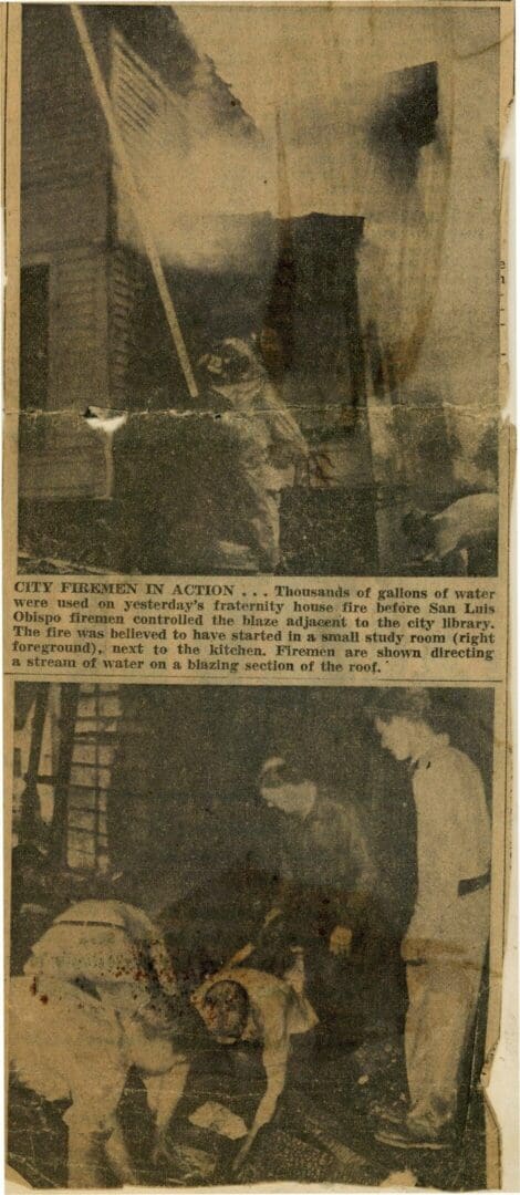 A newspaper clipping of two pictures with the caption " city firemen in action ".