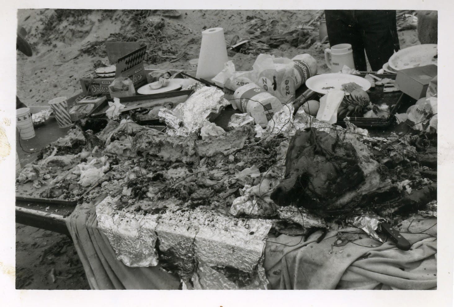 A table covered in dirt and debris.